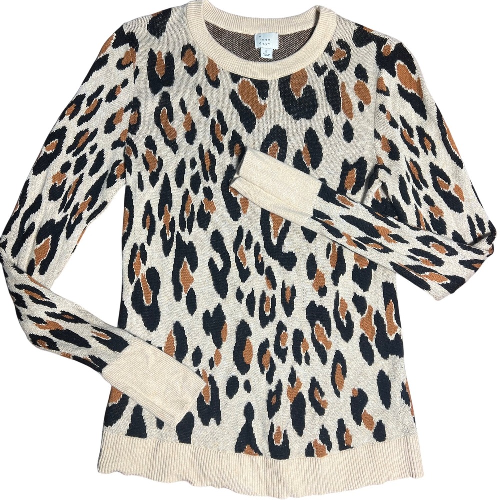A New‎ Day Womens S Leopard Print Crew Neck Long Sleeve Sweater